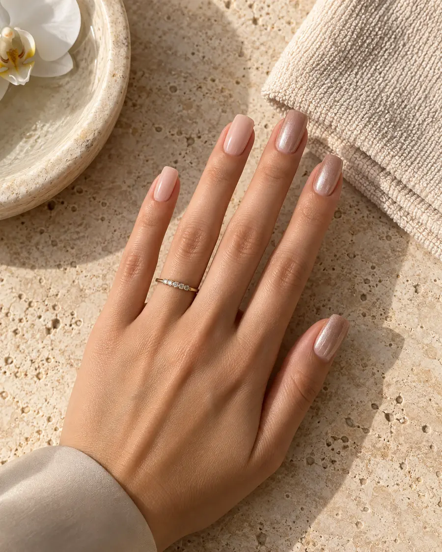 Champagne nude manicure on natural stone