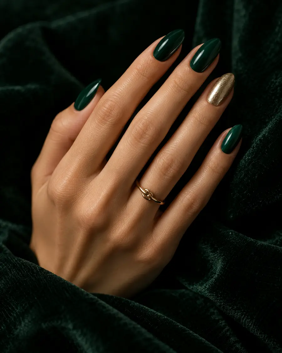 Emerald green nails with a gold accent