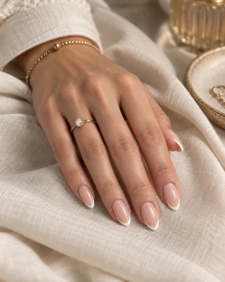 Professional nude French manicure on ivory linen