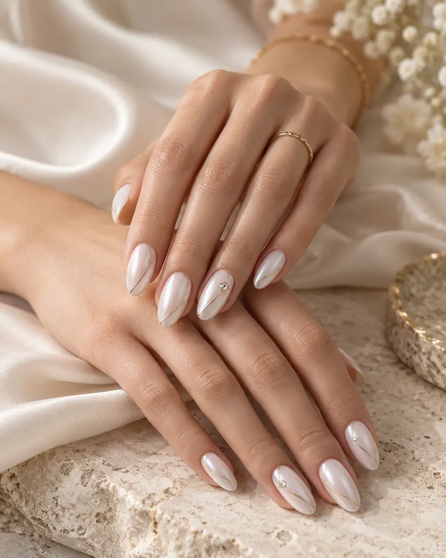 Pearl white nails with gold details