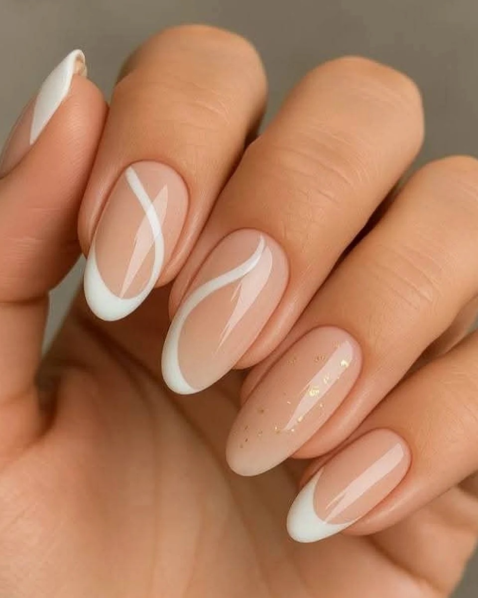Nude French manicure with white lines