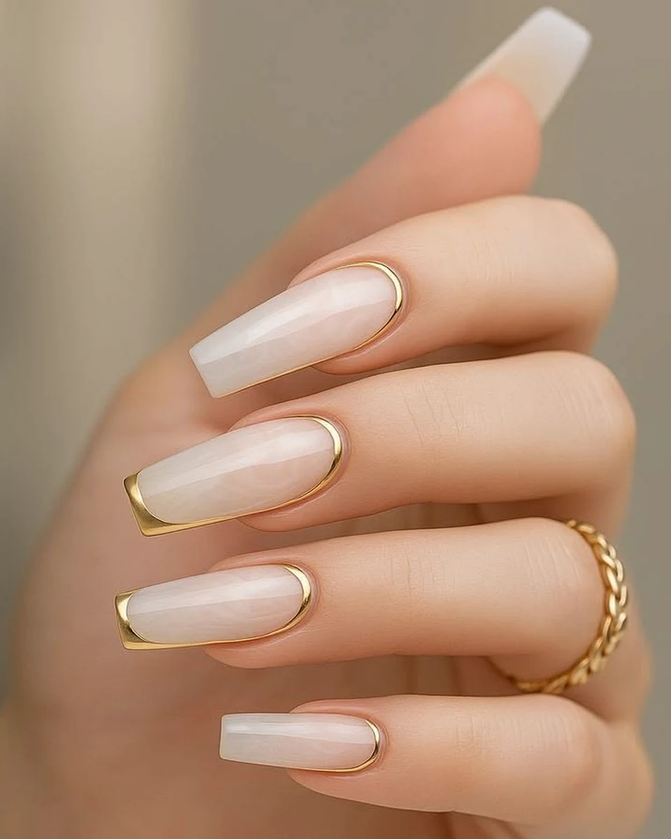 Square nude nails with a gold frame