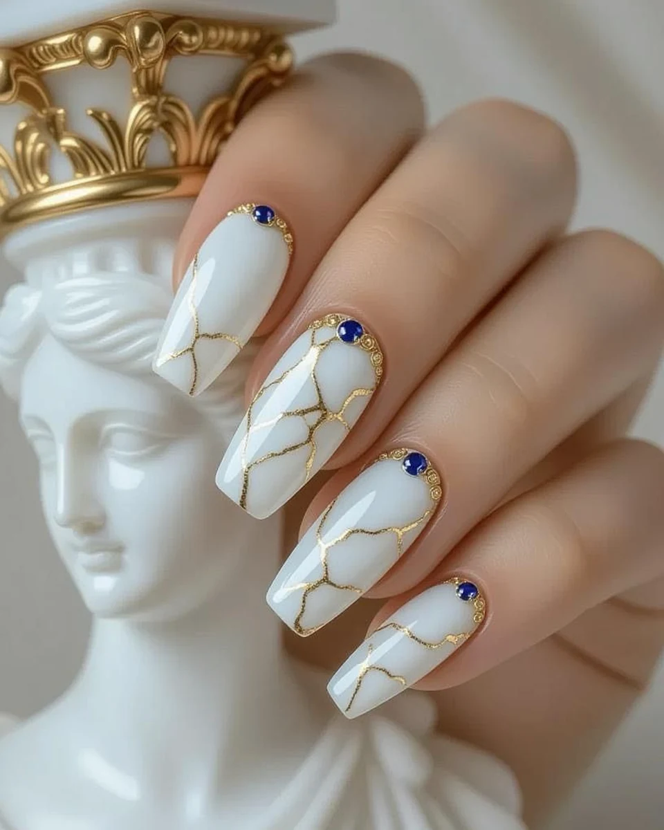 White nails with gold lines and a blue accent