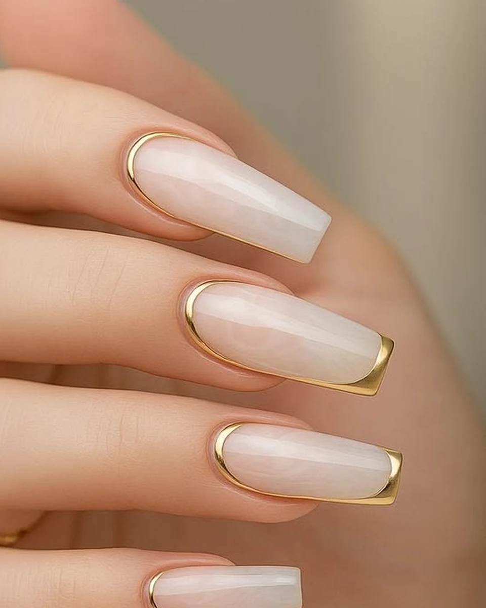 Nude nails with a champagne-gold outline